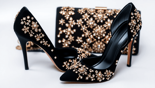 Black and Gold high-heeled shoes with matching clutch bag, both decorated with rhinestones on a white background