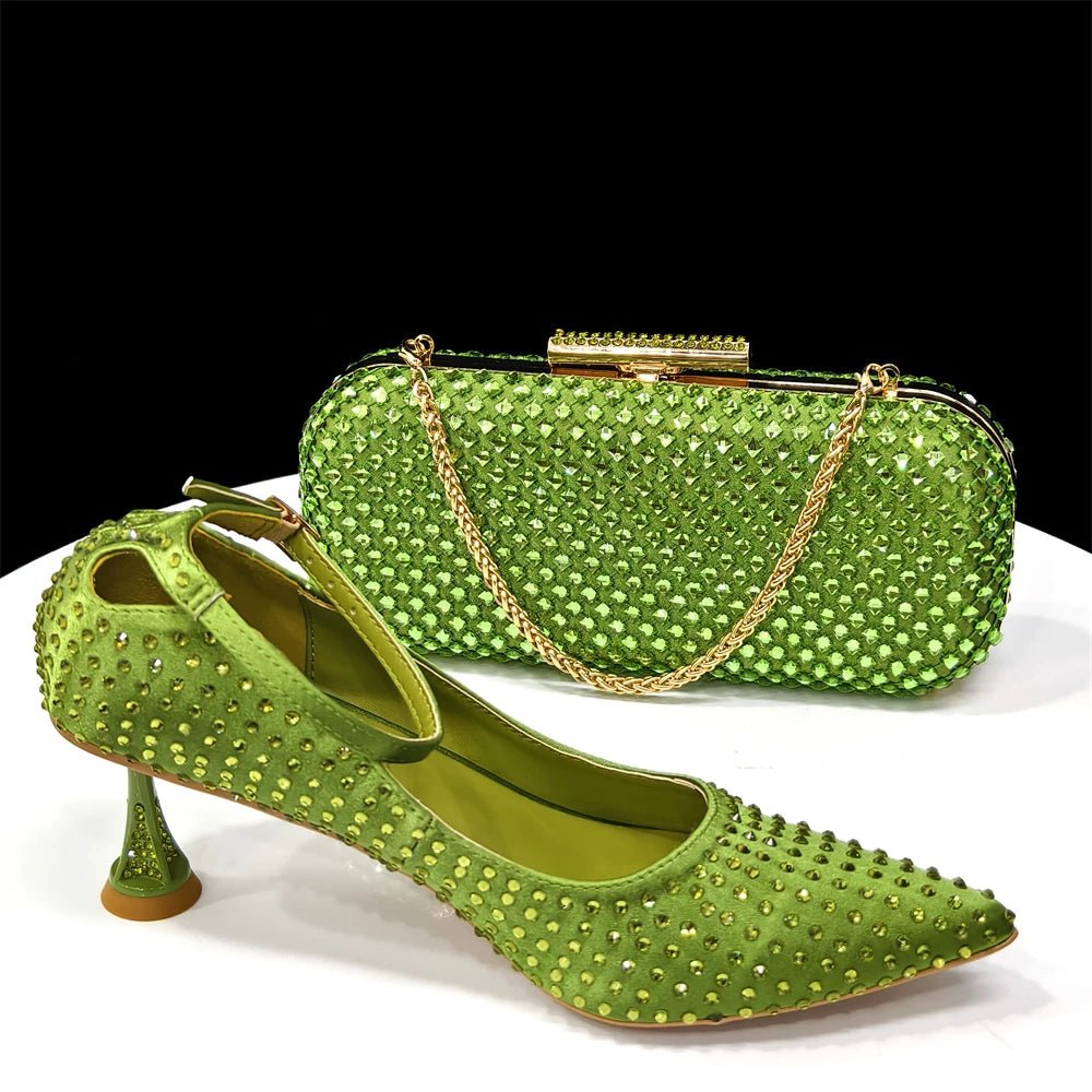 2025 Rhinestone Heels & Handbag Set for Weddings | Elegant - Olive Green - Women - Shoes - Milvertons