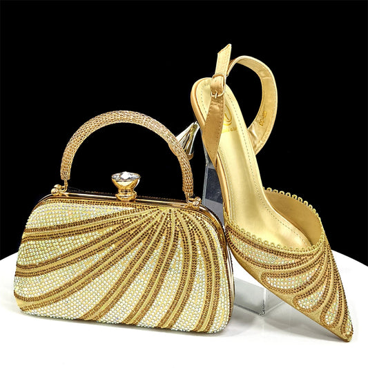 Gold 2026 Women's Diamond-Embellished Pointed-Toe Heels & Bag Set on a white background