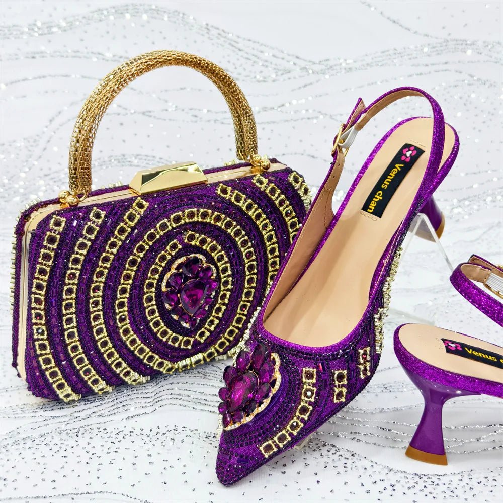 Purple Butterfly Slingback Sandals & Bag Set – 2025 Wedding Party on a white background