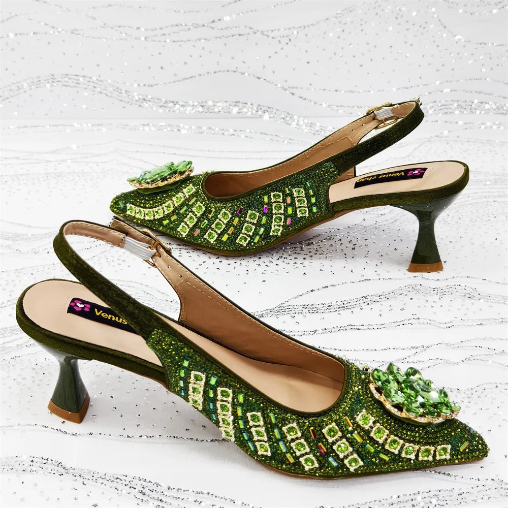 Green Butterfly Slingback Sandals & Bag Set – 2025 Wedding Party on a textured white background