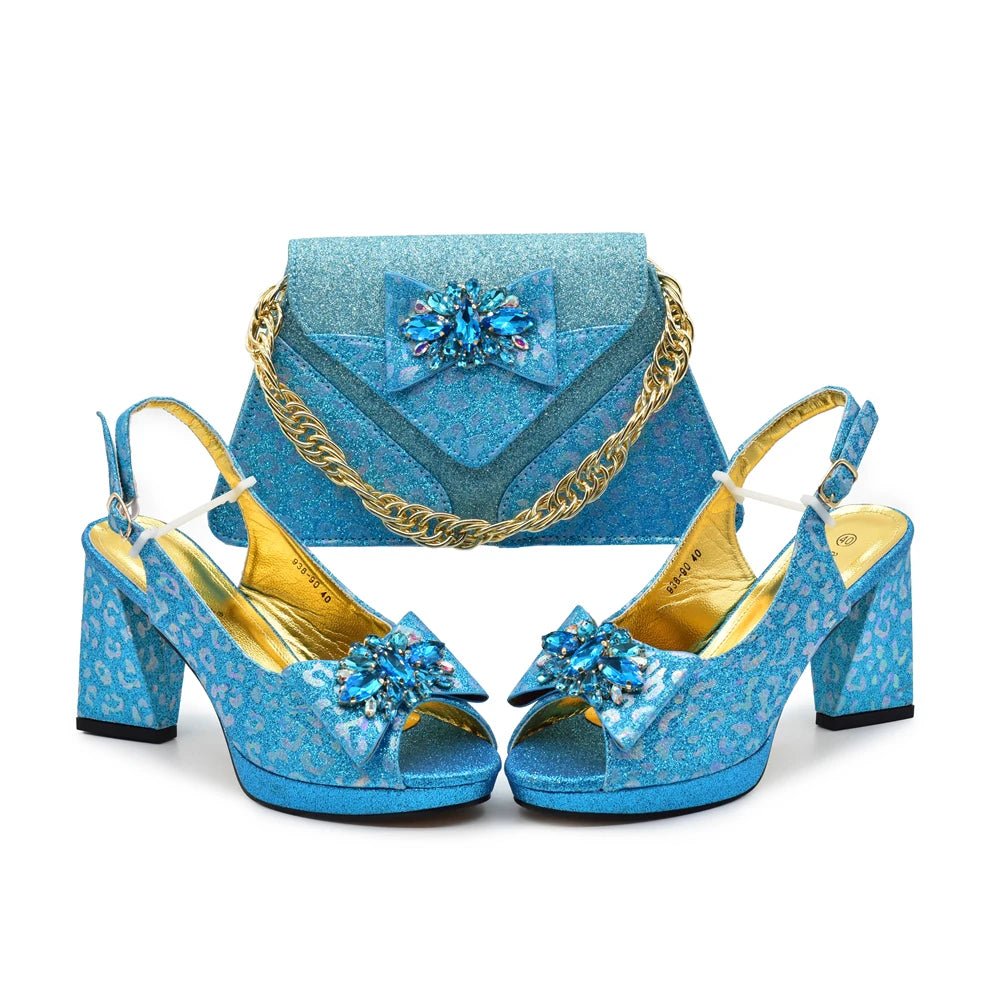 Chic Italian Shoes & Bag Set with Stones for Parties - SKY BLUE - Women - Shoes - Milvertons