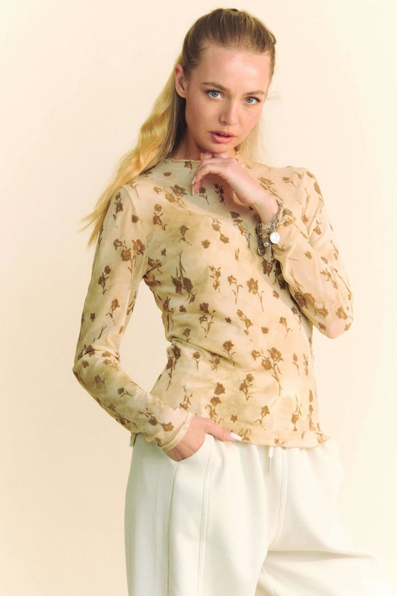 Davi & Dani Floral Mesh Long Sleeve Sheer Layering Top - Cream Latte - Women - Apparel - Shirts - Blouses - Milvertons