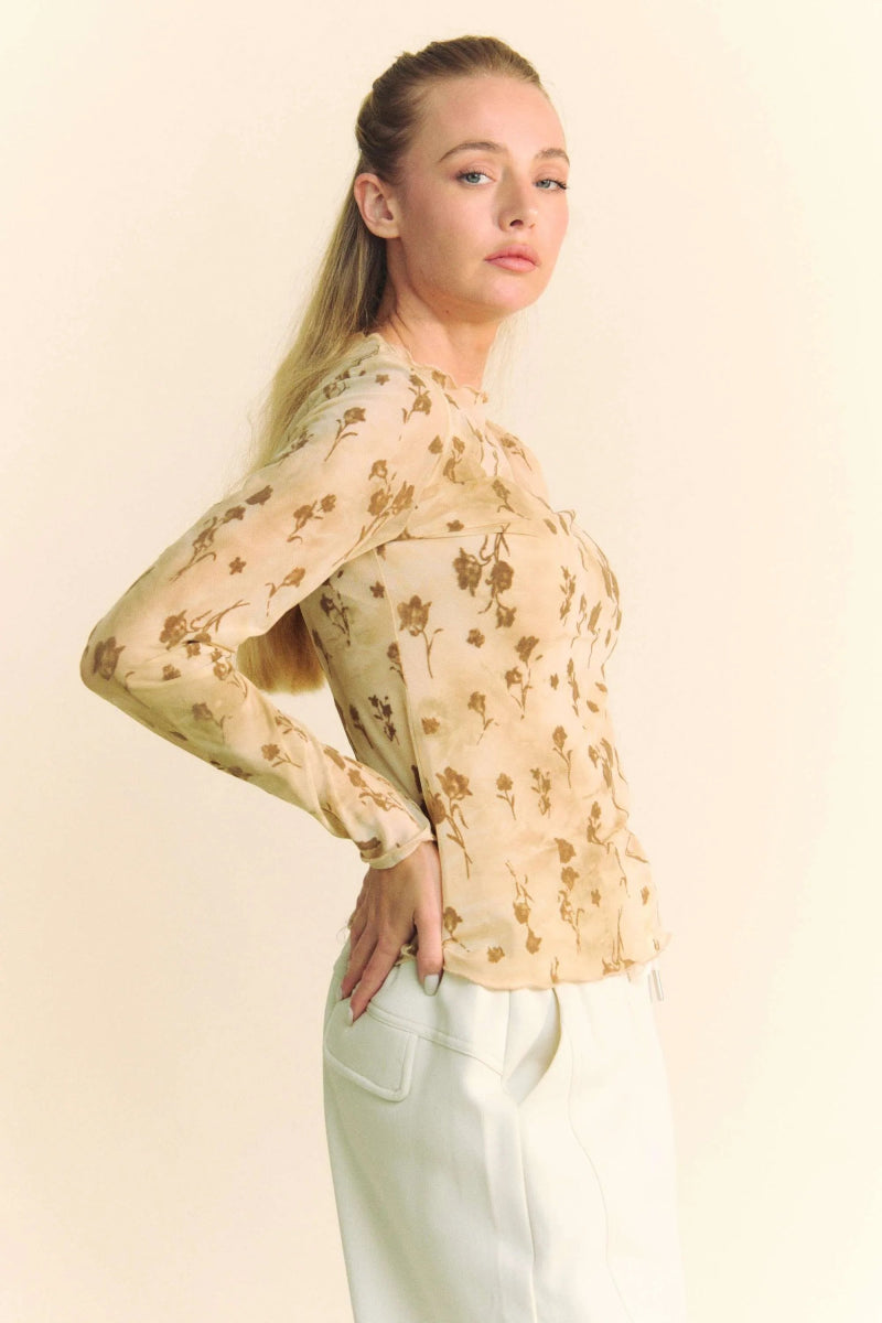 Davi & Dani Floral Mesh Long Sleeve Sheer Layering Top - - Women - Apparel - Shirts - Blouses - Milvertons