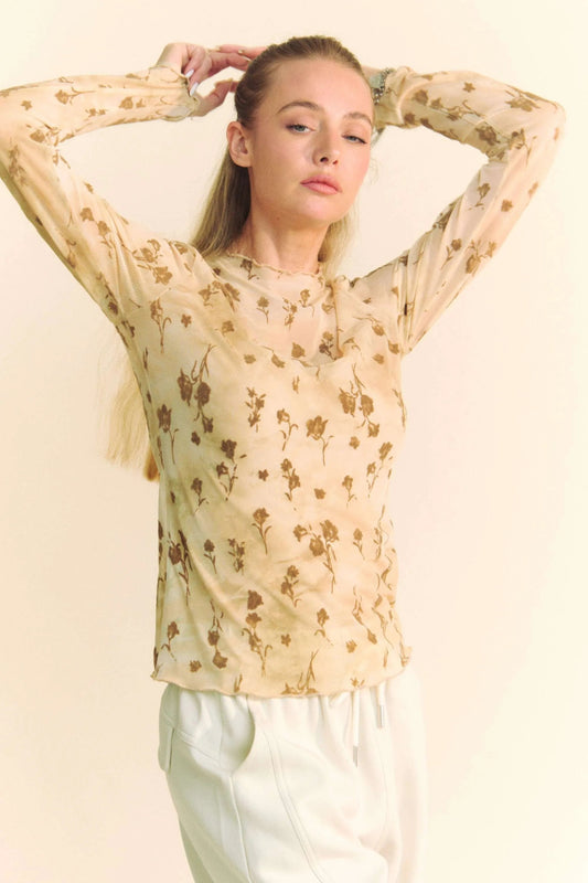 Davi & Dani Floral Mesh Long Sleeve Sheer Layering Top - - Women - Apparel - Shirts - Blouses - Milvertons