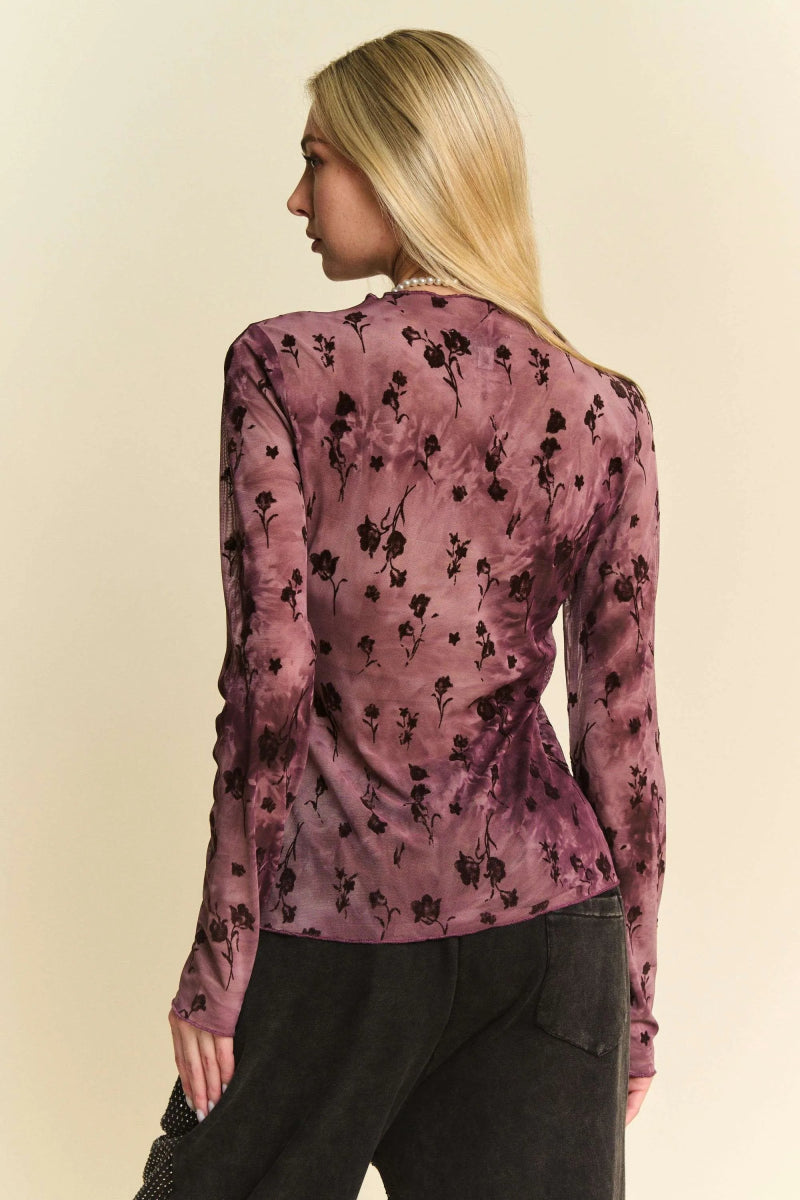 Davi & Dani Floral Mesh Long-Sleeved Sheer Layering Top - - Women - Apparel - Shirts - Blouses - Milvertons