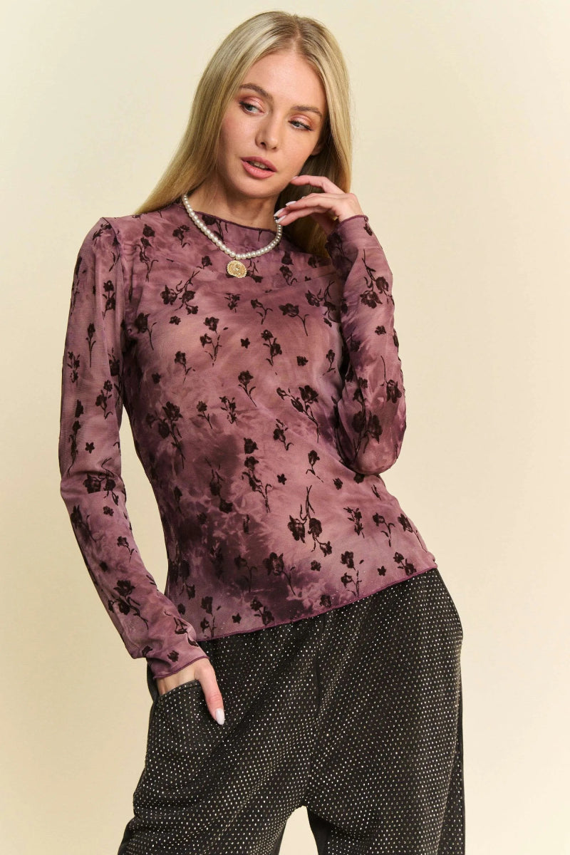 Davi & Dani Floral Mesh Long-Sleeved Sheer Layering Top - Burgundy - Women - Apparel - Shirts - Blouses - Milvertons