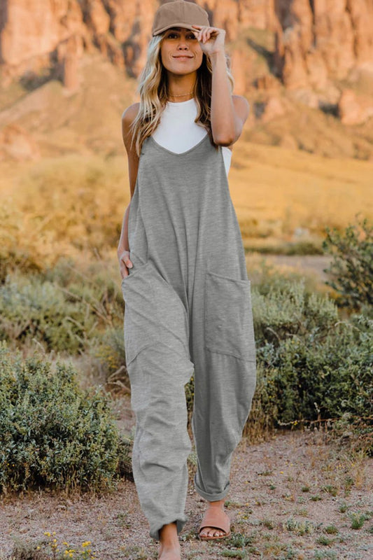 Double Take Full Size V-Neck Sleeveless Jumpsuit with Pockets - Light Gray - Apparel & Accessories - Clothing - One-Pieces - Jumpsuits & Rompers - Milvertons