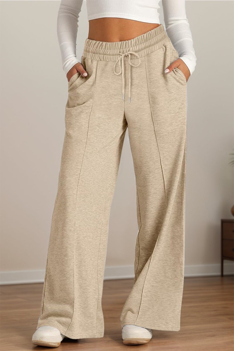 Elastic Waist Drawstring Wide-Leg Pants - Tan - Women - Apparel - Clothing - Pants - Milvertons
