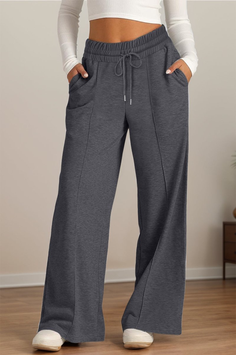 Elastic Waist Drawstring Wide-Leg Pants - Dark Gray - Women - Apparel - Clothing - Pants - Milvertons