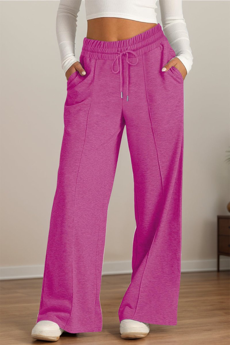 Elastic Waist Drawstring Wide-Leg Pants - Red-Violet - Women - Apparel - Clothing - Pants - Milvertons