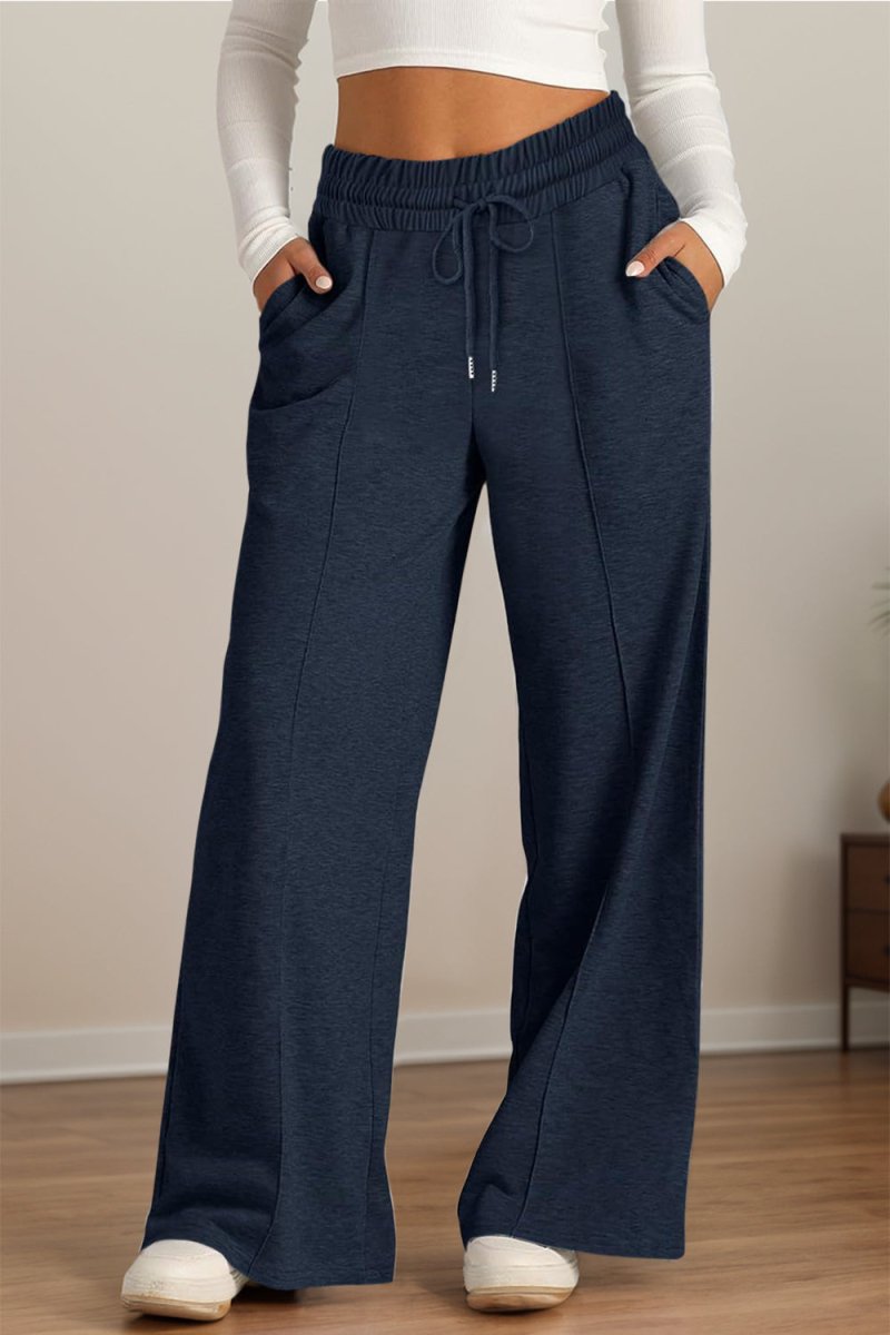 Elastic Waist Drawstring Wide-Leg Pants - Indigo - Women - Apparel - Clothing - Pants - Milvertons