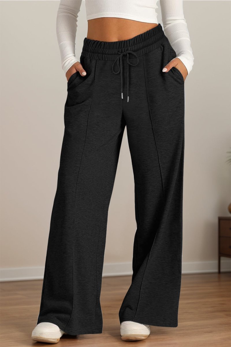 Elastic Waist Drawstring Wide-Leg Pants - Black - Women - Apparel - Clothing - Pants - Milvertons