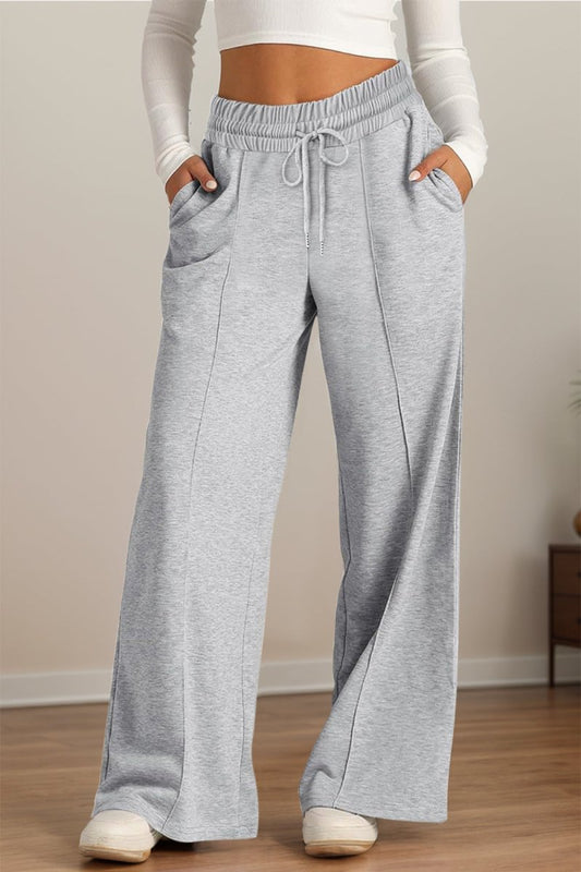 Elastic Waist Drawstring Wide-Leg Pants - Gray - Women - Apparel - Clothing - Pants - Milvertons