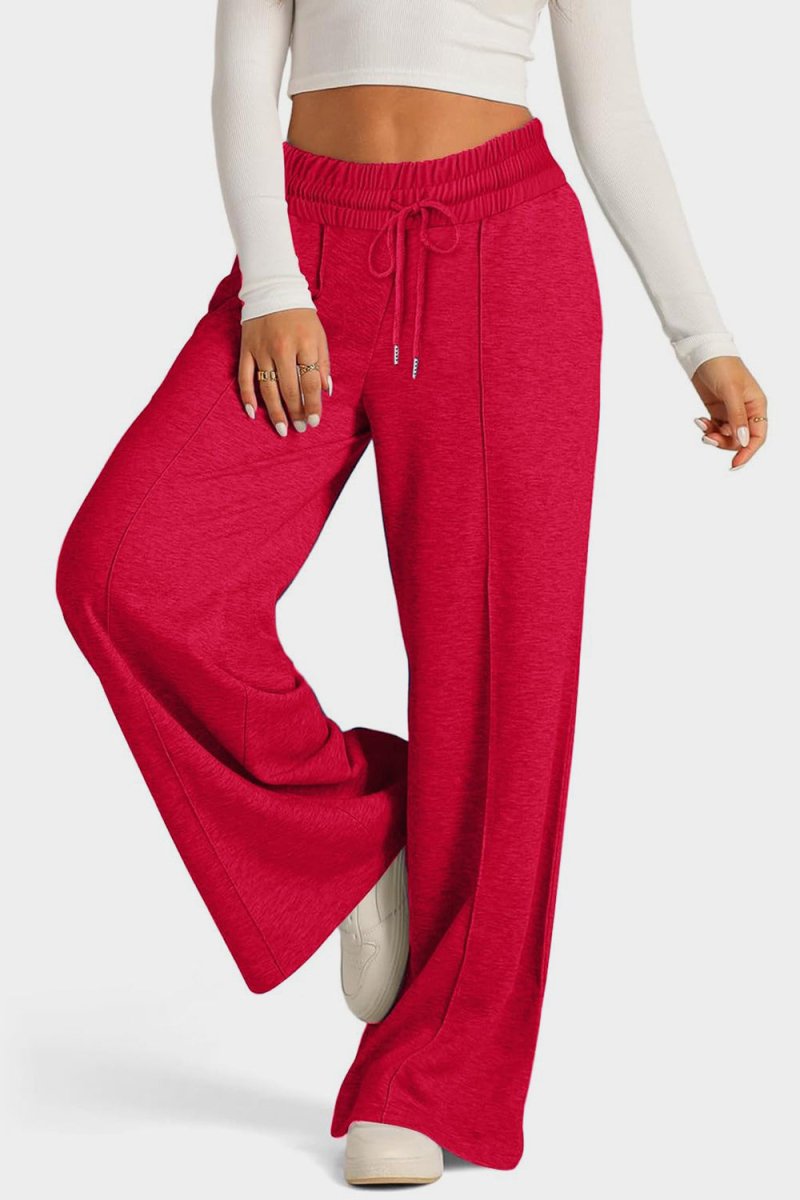 Elastic Waist Drawstring Wide-Leg Pants - Deep Red - Women - Apparel - Clothing - Pants - Milvertons