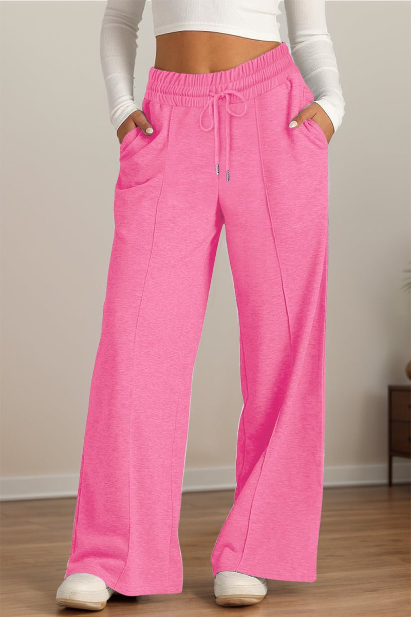 Elastic Waist Drawstring Wide-Leg Pants - Fuchsia Pink - Women - Apparel - Clothing - Pants - Milvertons