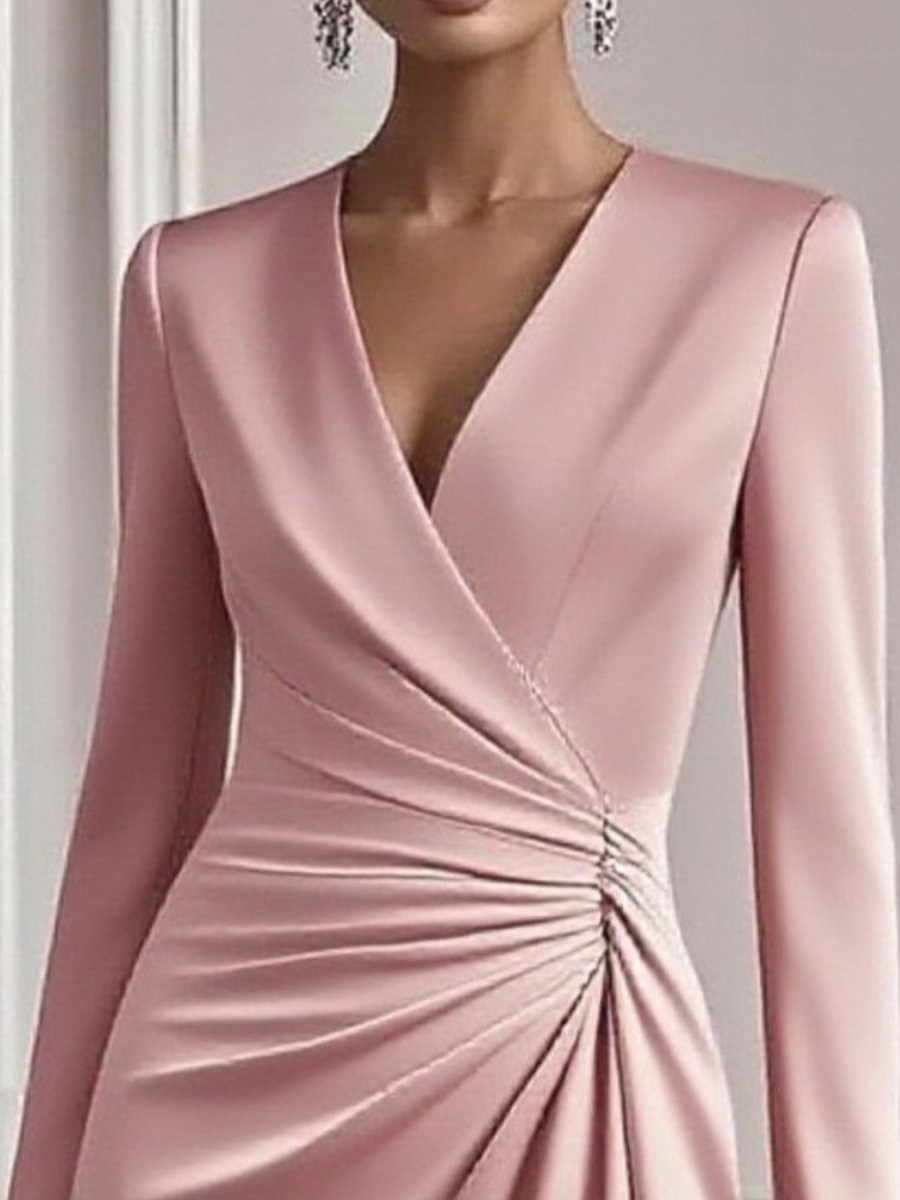 Elegant A-Line Midi Dress Front Ruched V-Neck Long Sleeve