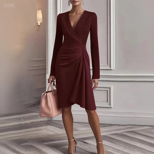Elegant A-Line Midi Dress Front Ruched V-Neck Long Sleeve - Claret - Women - Apparel - Dresses - Day to Night - Milvertons