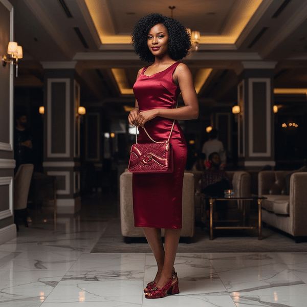 Woman in a red dress, wearing wine elegant peep-toe heels and holding a matching handbag in a luxurious interior setting.