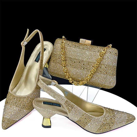 Elegant Pointed Toe Rhinestone Heels & Bag Set for Women - Gold - Women - Shoes - Milvertons