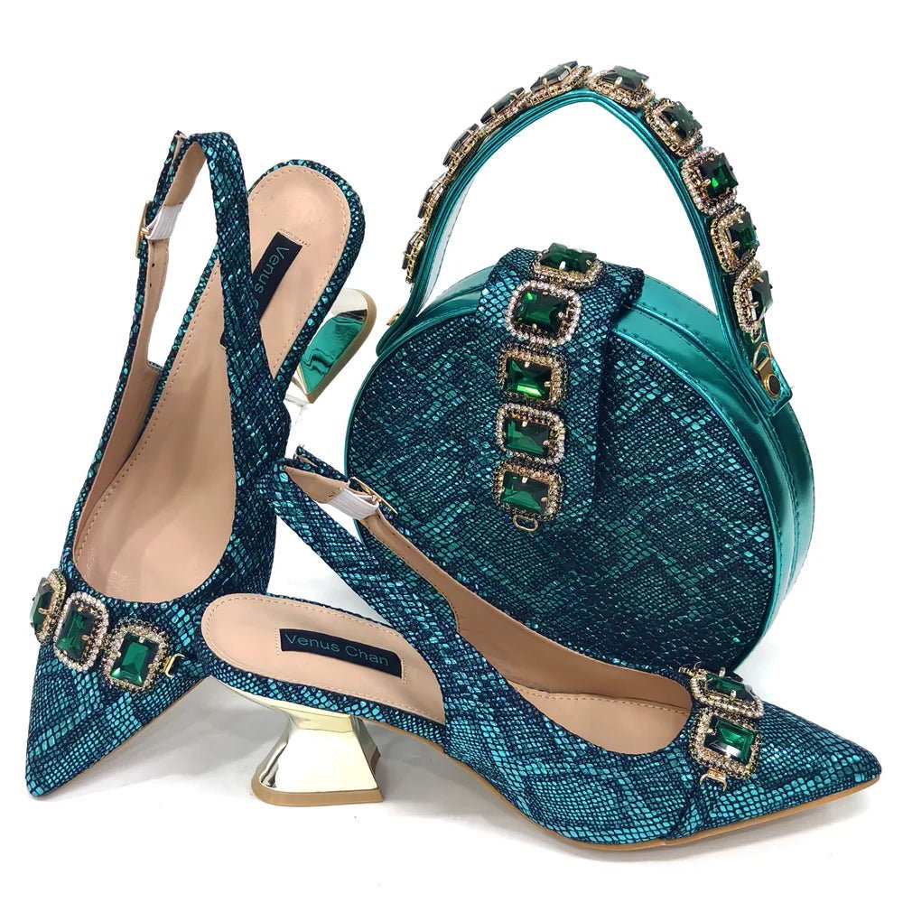 Elegant Rhinestone Heels & Bag Set - Ideal for Weddings - Green - Women - Shoes - Milvertons