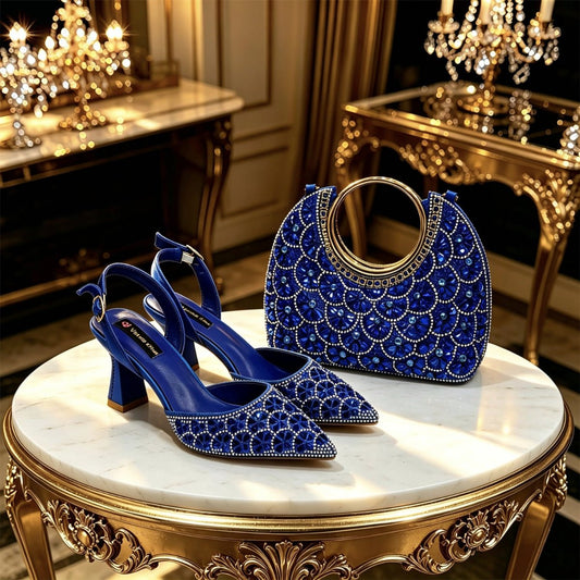 Blue Elegant Rhinestone Pointed Toe Heels and Matching Bag Set