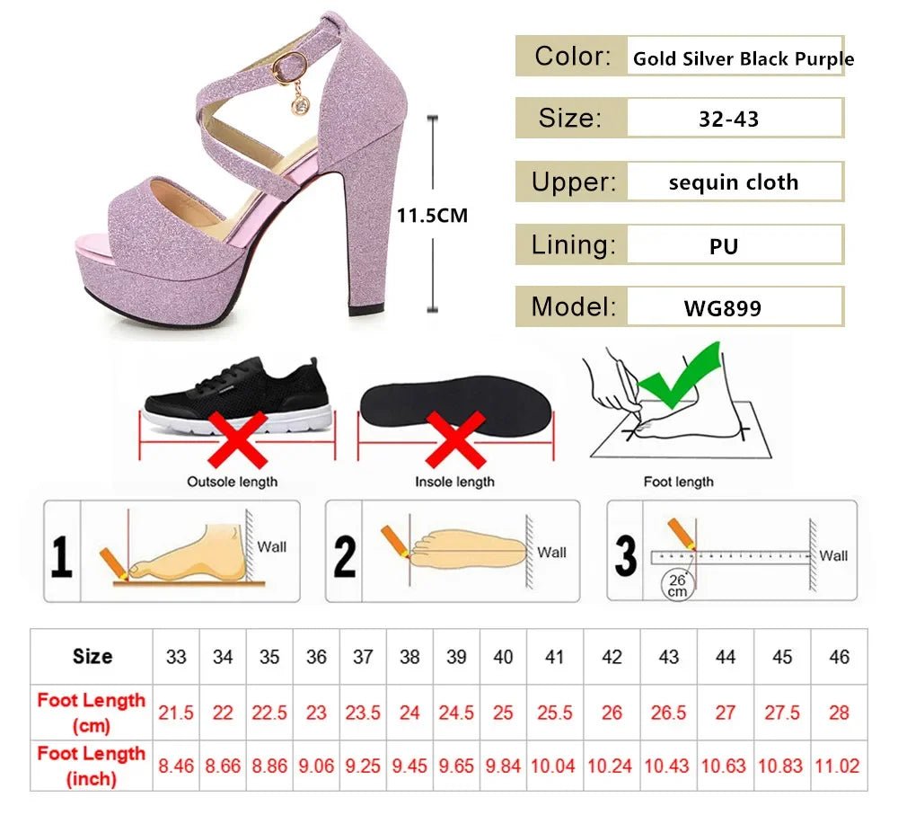 Purple high-heeled shoe with size chart on a white background