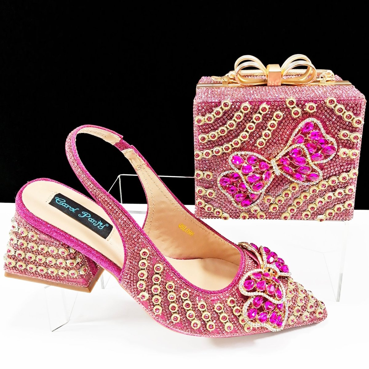 Italian Crystal High Heels and Clutch Bag Set for Parties - Fuchsia - Women - Shoes - Milvertons