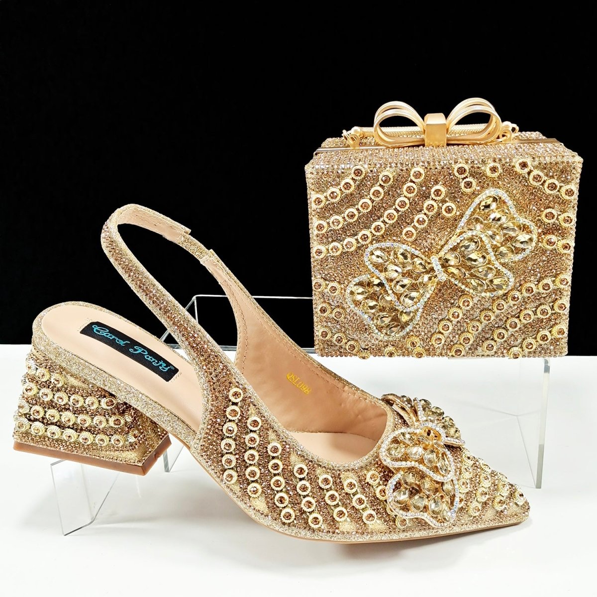 Italian Crystal High Heels and Clutch Bag Set for Parties - Gold - Women - Shoes - Milvertons