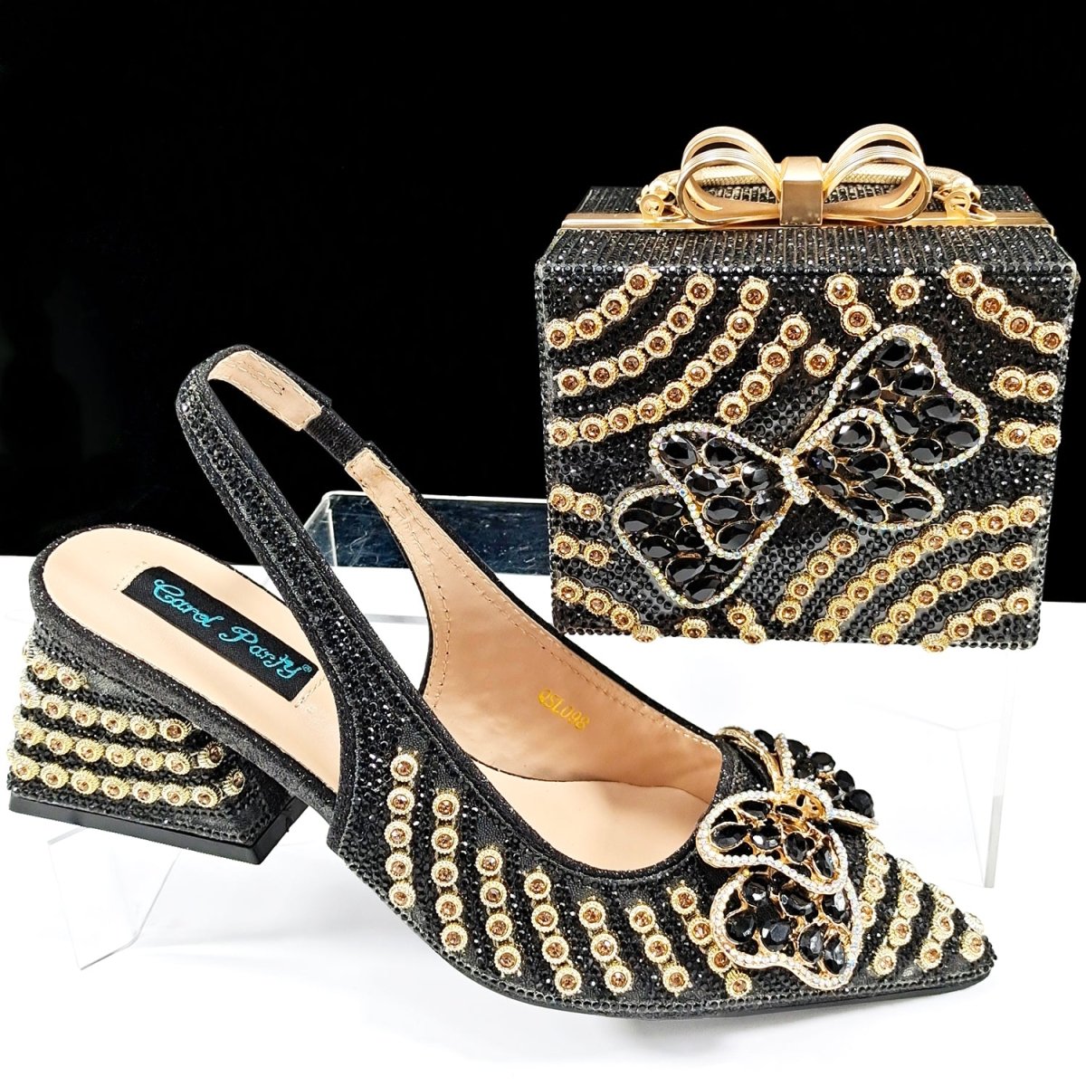 Italian Crystal High Heels and Clutch Bag Set for Parties - Black - Women - Shoes - Milvertons