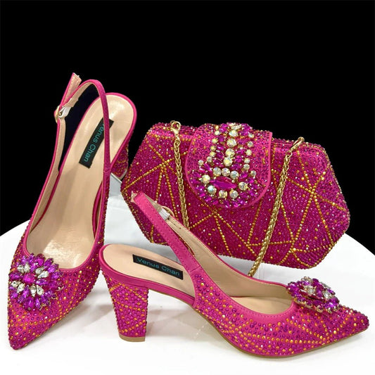 Italian Rhinestone Heel & Clutch Bag Set for Women - Fuchsia - Women - Shoes - Milvertons