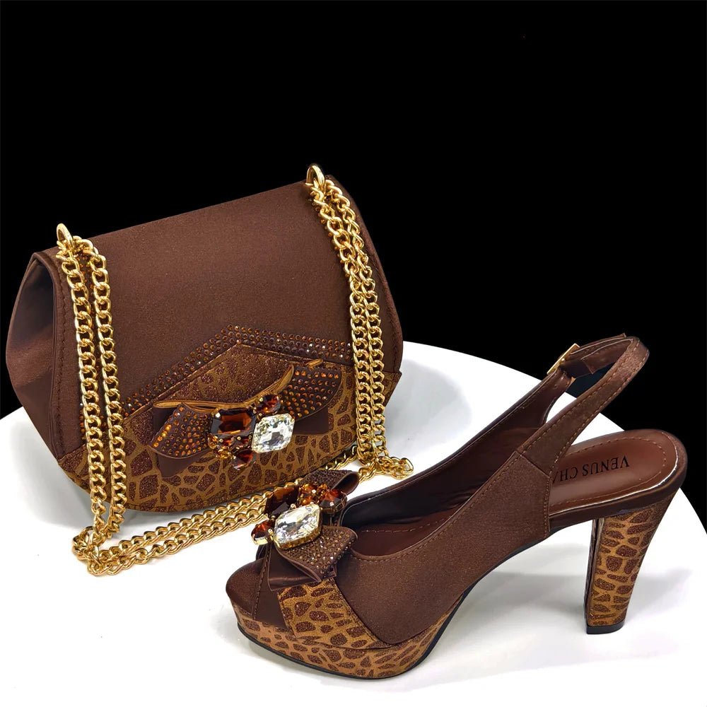 Italian Rhinestone Heels & Bag Set for African Women's Party - Coffee - Women - Shoes - Milvertons