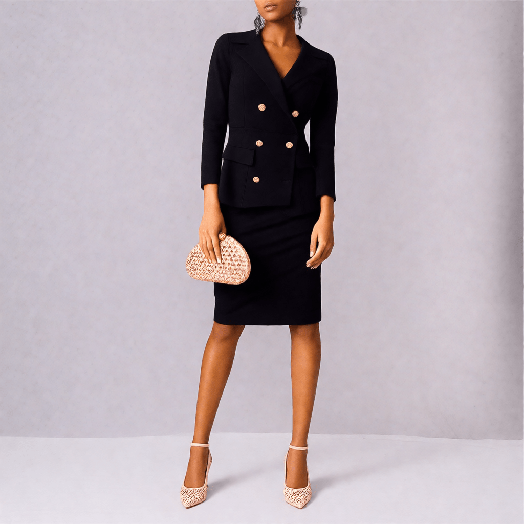 Woman wearing champagne high-heeled Italian shoes and holding a matching handbag against a gray background