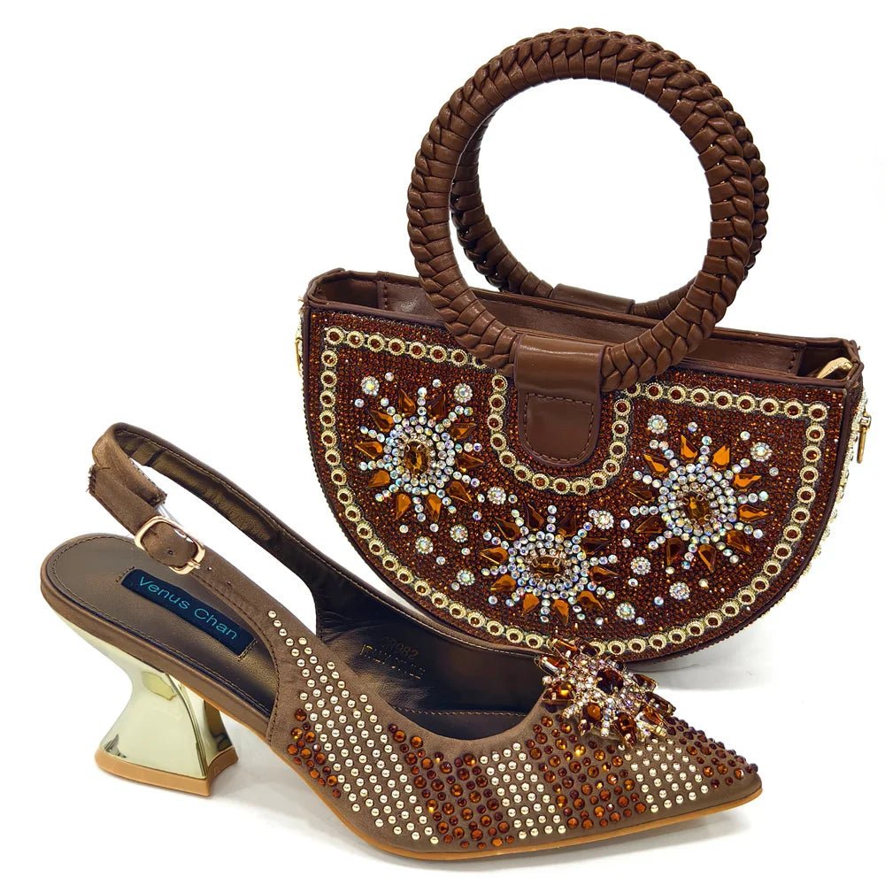 Italian Shoes and Bag Set 2024 – Rhinestone High Heels - Brown - Women - Shoes - Milvertons