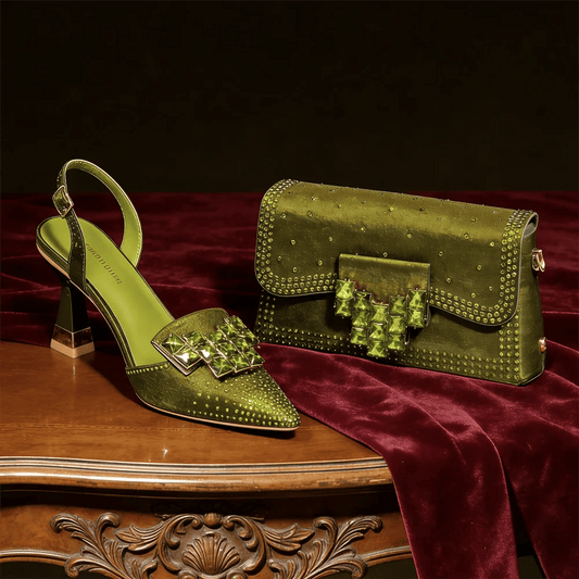 Italian Style Shoe and Bag Set – Elegant Rhinestone Heels - Olive green - Women - Shoes - Milvertons