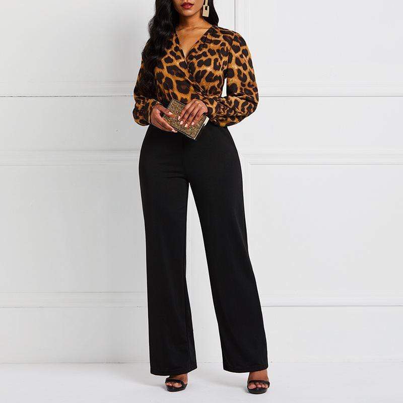 Leopard Sexy Jumpsuit Romper Women Long Sleeve Office Vintage Fashion African Ladies Party Casual Jumpsuits Long High Waist Punk - black S - Apparel & Accessories - Clothing - Suits - Pants Suits - Milvertons