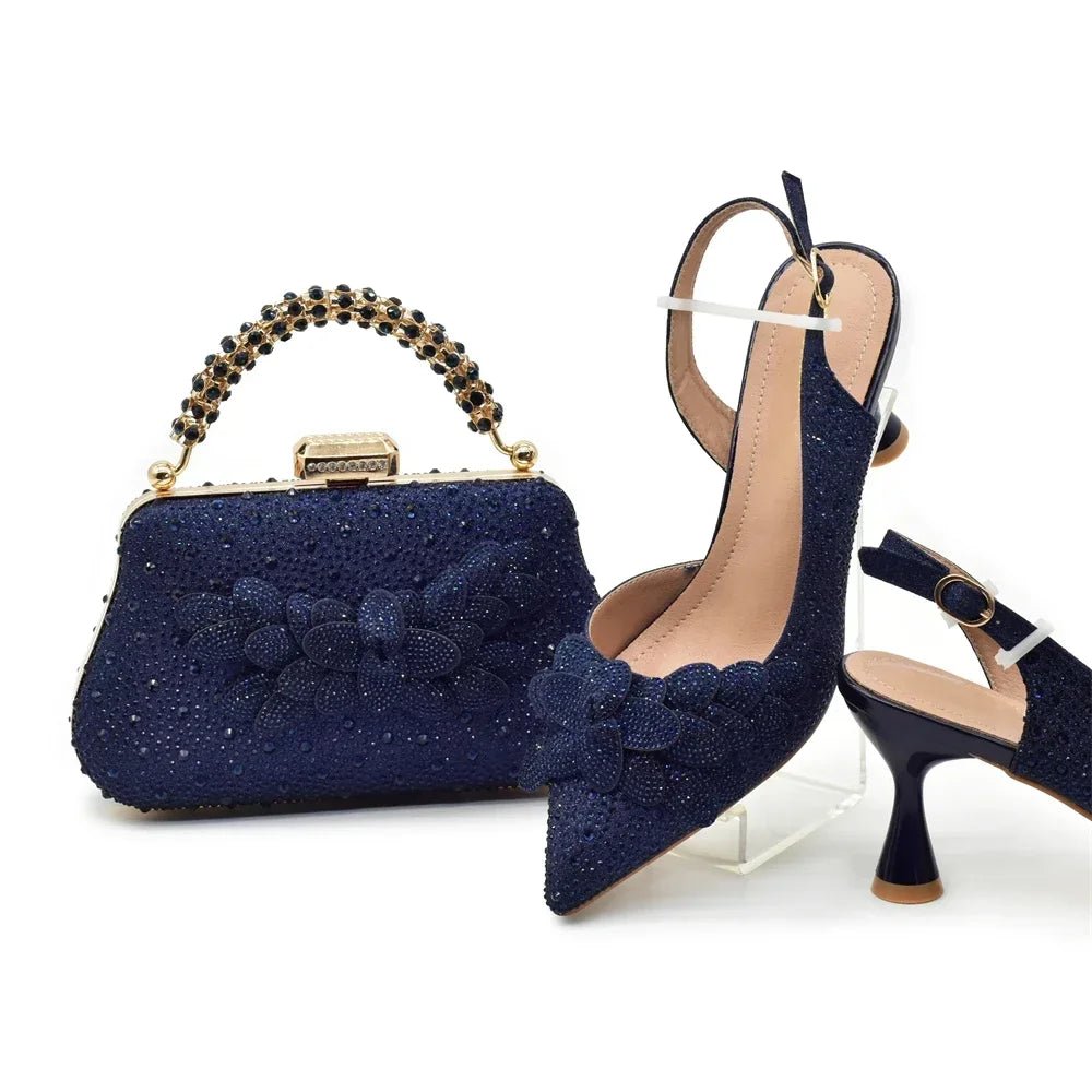 Luxury Italian Wedding Shoes and Bag Set with Rhinestones - Dark Blue - Women - Shoes - Milvertons