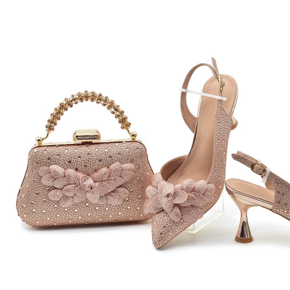 Luxury Italian Wedding Shoes and Bag Set with Rhinestones - Champagne - Women - Shoes - Milvertons
