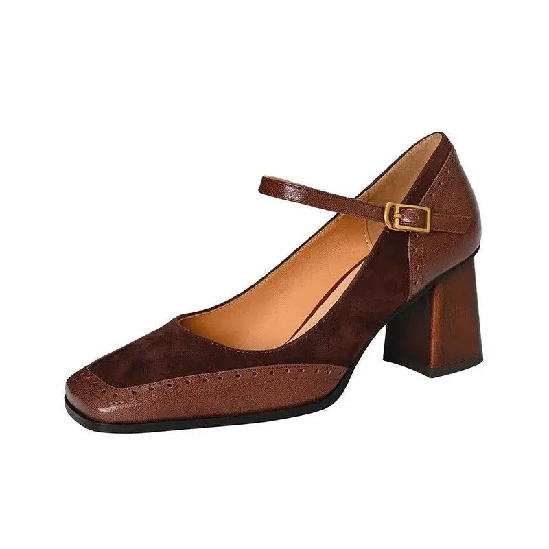 Mary Jane Block Heel Pumps | Closed Toe Party Office Shoes - Brown - Women - Shoes - Milvertons