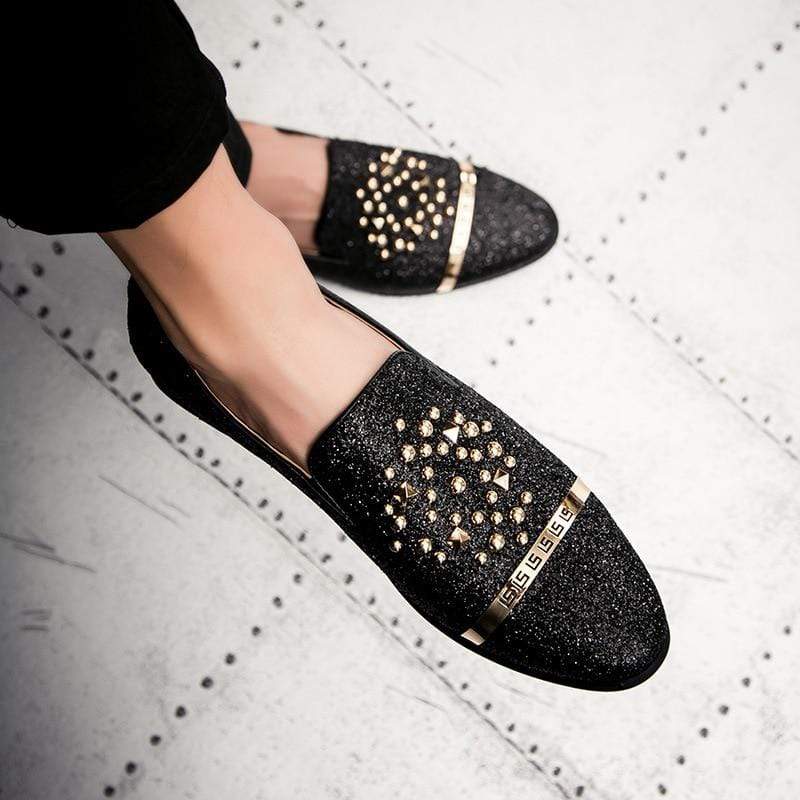 Men's Spiked Rivets Loafers decorated with Rhinestone - Black - Men - Shoes - Milvertons