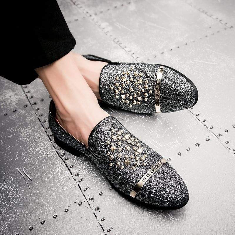 Men's Spiked Rivets Loafers decorated with Rhinestone - Silver - Men - Shoes - Milvertons