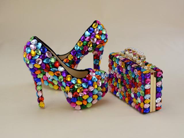Multicolored Luxury Rhinestone Encrusted Shoes And Purse Set - multi - 8cm - Women - Shoes - Milvertons