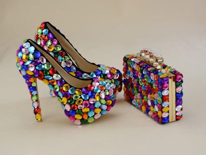 Multicolored Luxury Rhinestone Encrusted Shoes And Purse Set - multi - 11cm - Women - Shoes - Milvertons