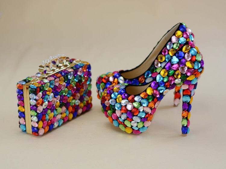 Multicolored Luxury Rhinestone Encrusted Shoes And Purse Set - multi - 14cm - Women - Shoes - Milvertons