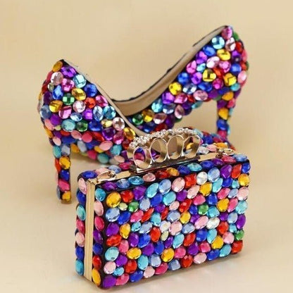 Multicolored Luxury Rhinestone Encrusted Shoes And Purse Set - multi - 6cm - Women - Shoes - Milvertons