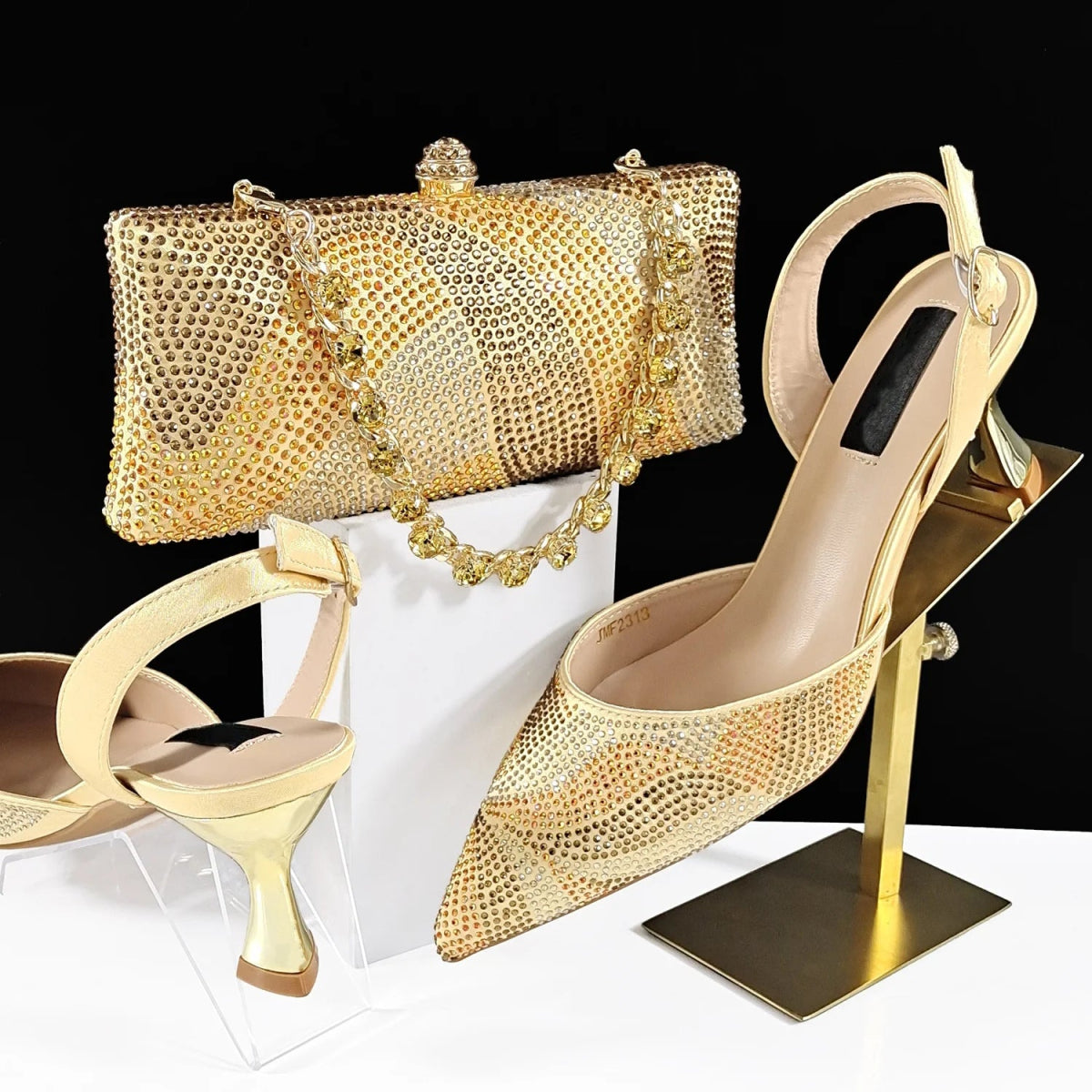 Prestigious Italian Rhinestone Shoes and Bag Set - Gold - Women - Shoes - Milvertons
