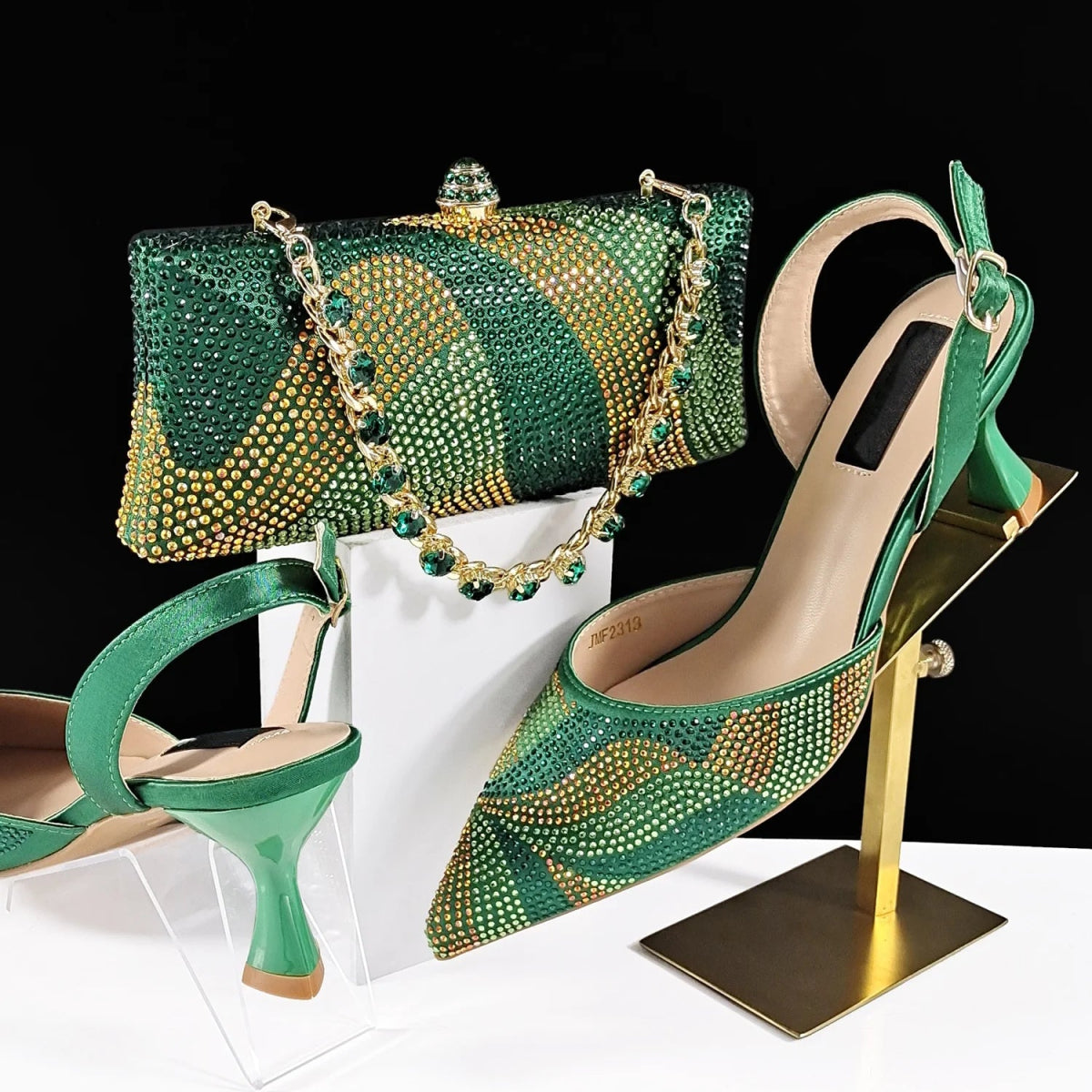 Prestigious Italian Rhinestone Shoes and Bag Set - Green - Women - Shoes - Milvertons
