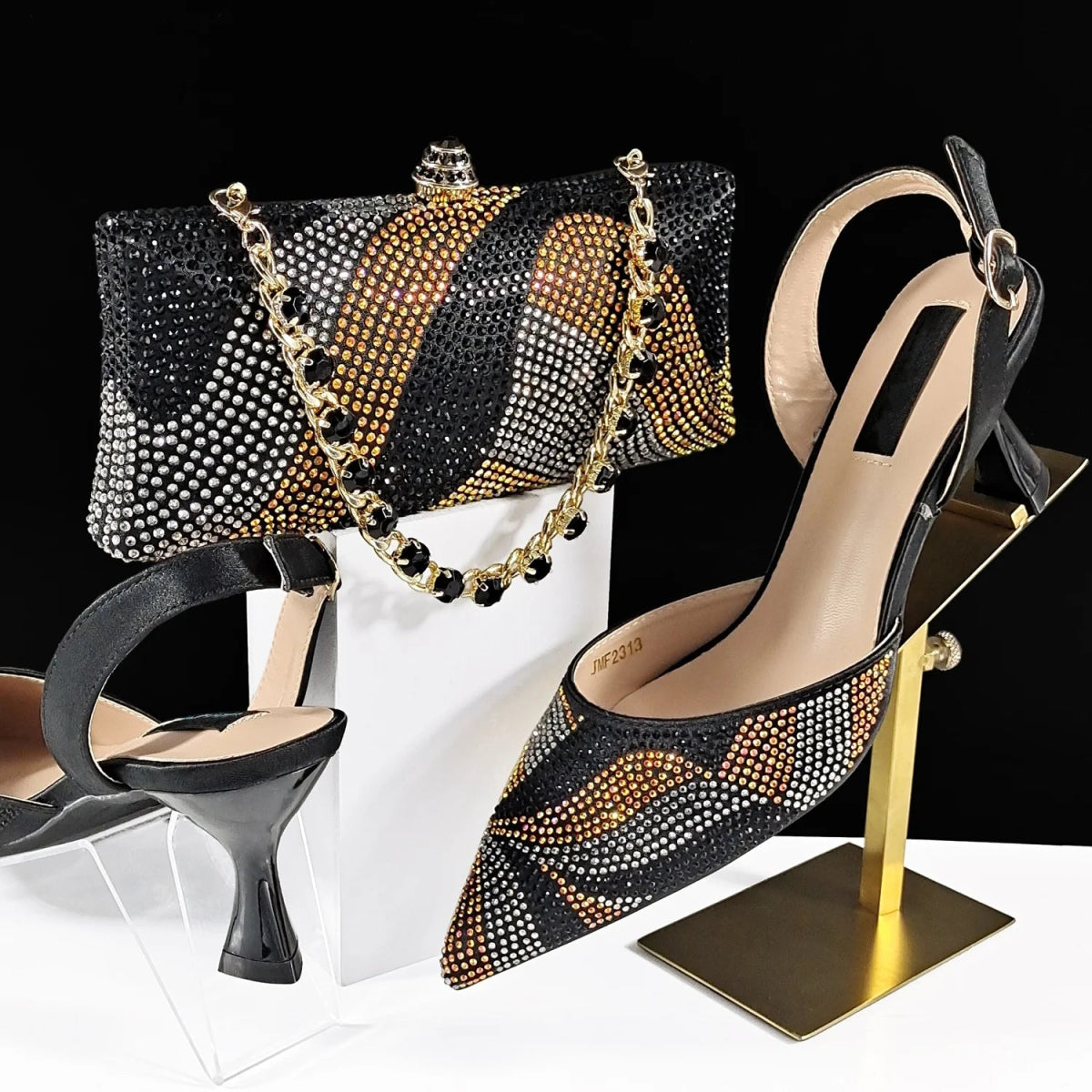 Prestigious Italian Rhinestone Shoes and Bag Set - Black - Women - Shoes - Milvertons