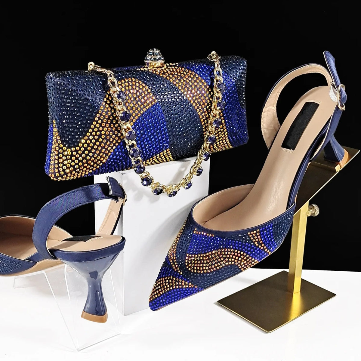 Prestigious Italian Rhinestone Shoes and Bag Set - Navy Blue - Women - Shoes - Milvertons
