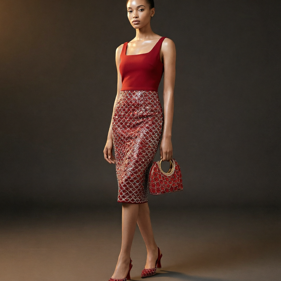 Red Rhinestone Pointed Toe Heels & Matching Handbag Set